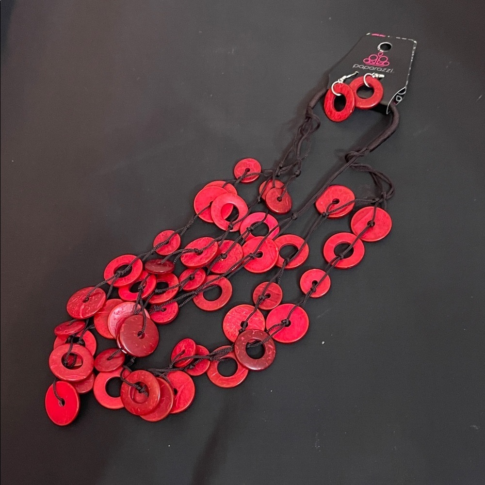 Paparazzi Vibrant Red Disc Necklace with Earrings
